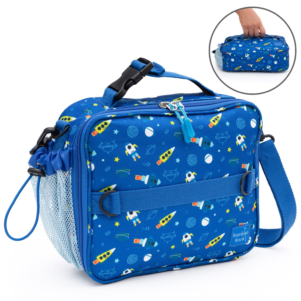 Bamboo Bark Space print insulated Lunch Bag with 3 carrying options