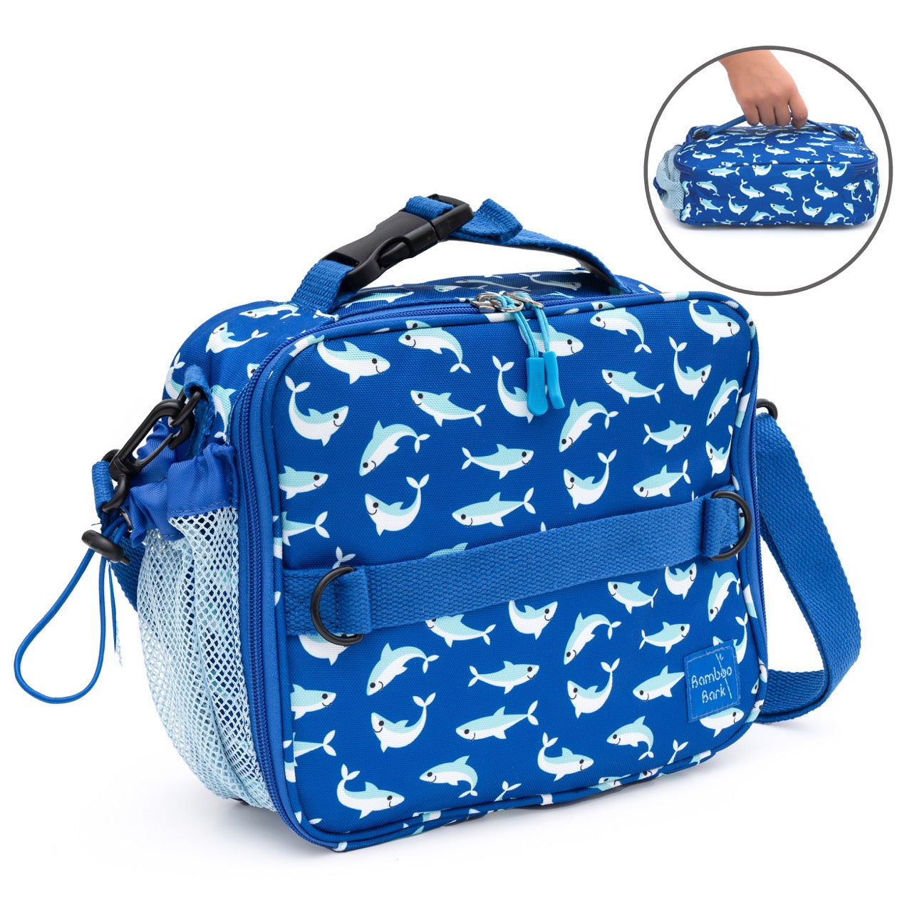 Bamboo Bark Sharks print insulated Lunch Bag with 3 carrying options