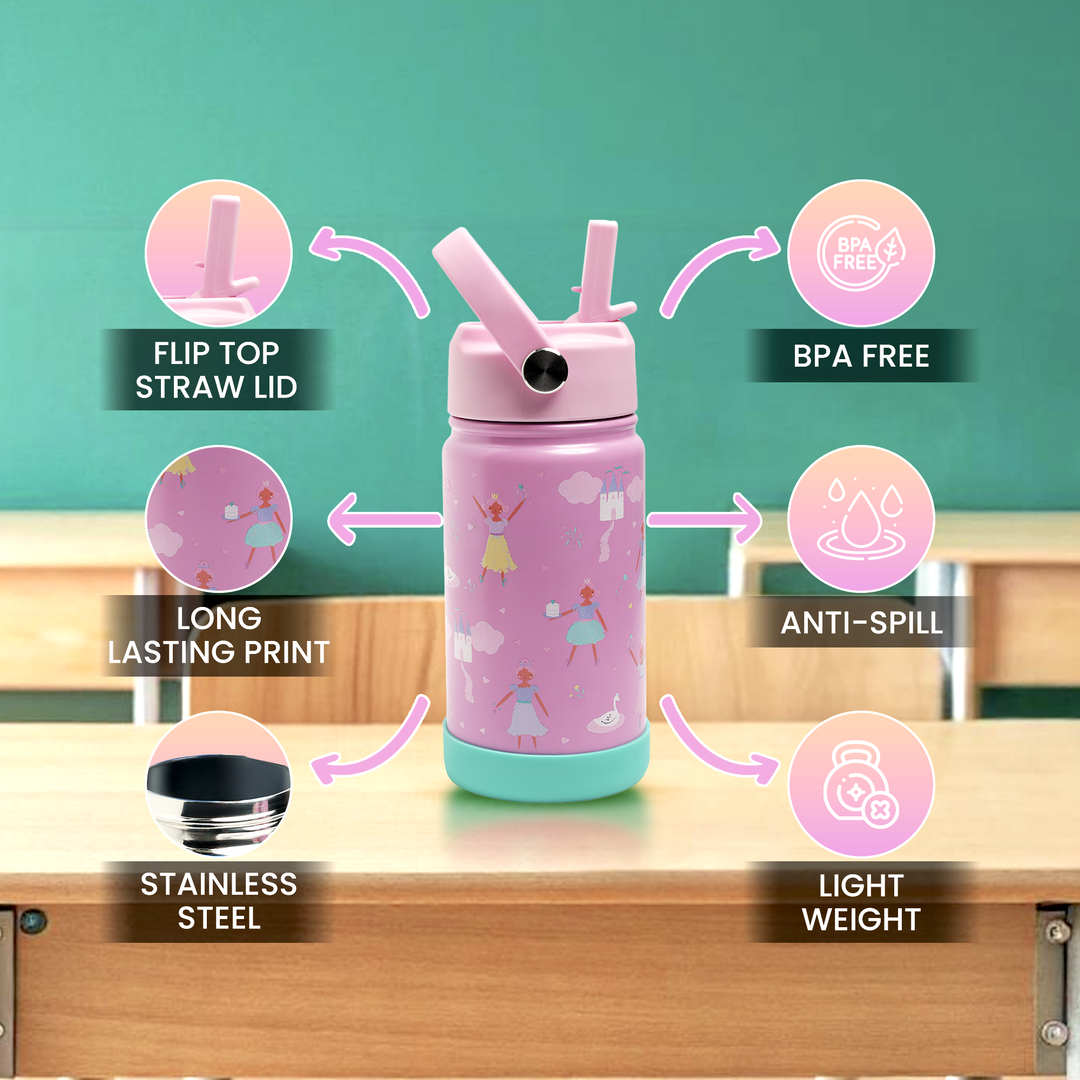 Little Ballerina-Castle Insulated Water Bottle with Straw & Handle – Stainless Steel Double Wall Thermos Flask for Hot & Cold Water (Little Ballerina-Castle (Pink))