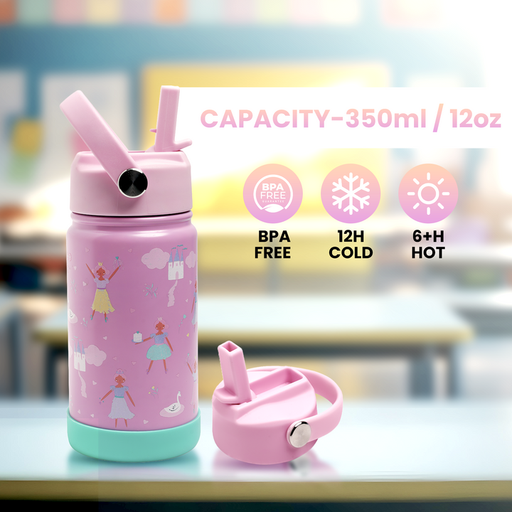 Little Ballerina-Castle Insulated Water Bottle with Straw & Handle – Stainless Steel Double Wall Thermos Flask for Hot & Cold Water (Little Ballerina-Castle (Pink))