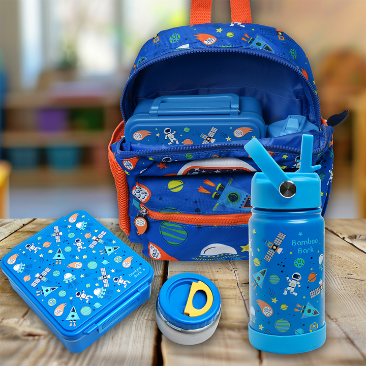 Astro-Space Dark Kids Lunch Box – Insulated Lunch Bag for Boys and Girls, Durable and Lightweight, Space Rocket & Planet Design, Perfect for School, Daycare, Travel, and Picnics (Astro-Space Dark (Blue))