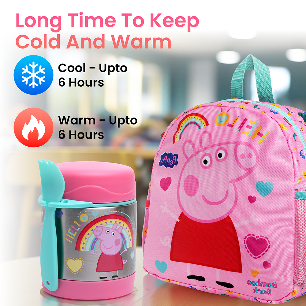 Peppa Pig Insulated Stainless Steel Food Jar with Spoon – Kids Thermal Lunch Container for Hot or Cold Food, Leakproof, BPA-Free, Ideal for School, Daycare & Travel (Peppa Pig (Pink))