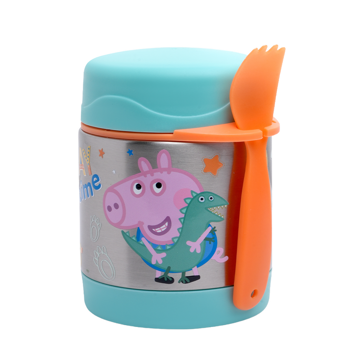 Peppa/George Pig Insulated Stainless Steel Food Jar with Spoon – Kids Thermal Lunch Container for Hot or Cold Food, Leakproof, BPA-Free, Ideal for School, Daycare & Travel (George Pig (Blue) pin)