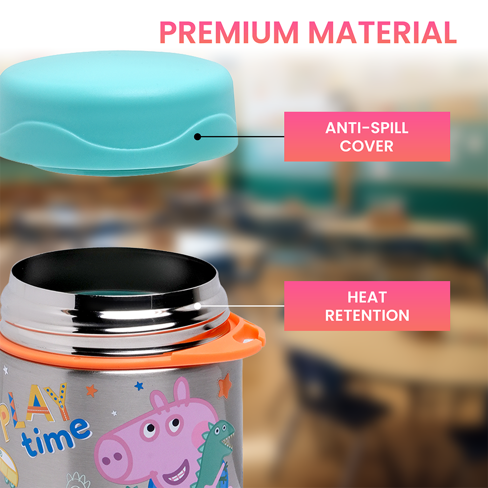Peppa/George Pig Insulated Stainless Steel Food Jar with Spoon – Kids Thermal Lunch Container for Hot or Cold Food, Leakproof, BPA-Free, Ideal for School, Daycare & Travel (George Pig (Blue) pin)