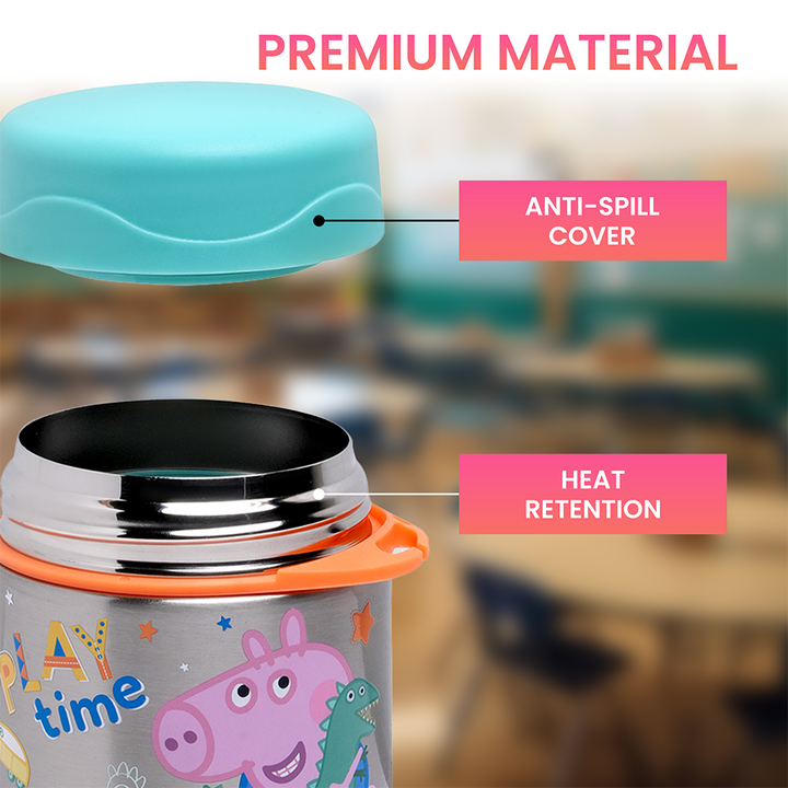 Peppa/George Pig Insulated Stainless Steel Food Jar with Spoon – Kids Thermal Lunch Container for Hot or Cold Food, Leakproof, BPA-Free, Ideal for School, Daycare & Travel (George Pig (Blue) pin)