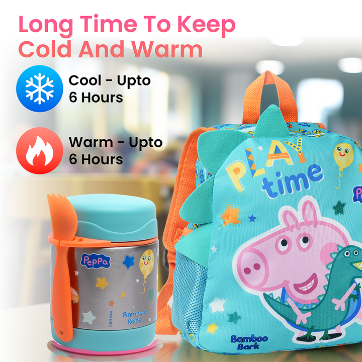 Peppa/George Pig Insulated Stainless Steel Food Jar with Spoon – Kids Thermal Lunch Container for Hot or Cold Food, Leakproof, BPA-Free, Ideal for School, Daycare & Travel (George Pig (Blue) pin)
