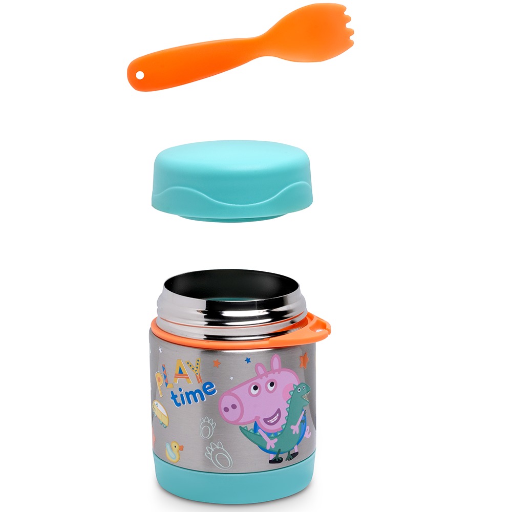 Peppa/George Pig Insulated Stainless Steel Food Jar with Spoon – Kids Thermal Lunch Container for Hot or Cold Food, Leakproof, BPA-Free, Ideal for School, Daycare & Travel (George Pig (Blue) pin)