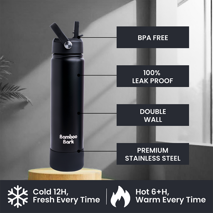 750 ML Insulated Water Bottle with Sipper Lid – Stainless Steel Double Wall Vacuum Flask for Hot & Cold Water Leak-Proof, Reusable Sports Thermos Bottle - (Black)