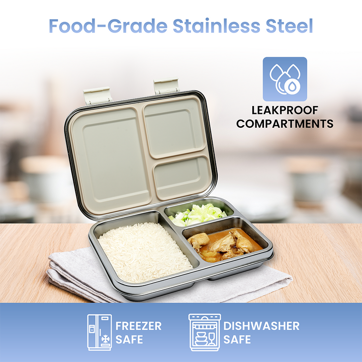 Leakproof Lunch Box - Stainless Steel Lunch Box with 3 Compartments, Leakproof Design, Meal Box for Kids and Adults (Silver)