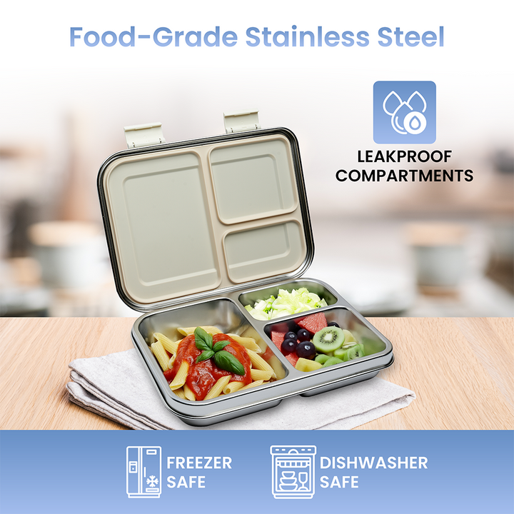 Leakproof Lunch Box - Stainless Steel Lunch Box with 3 Compartments, Leakproof Design, Meal Box for Kids and Adults (Silver)