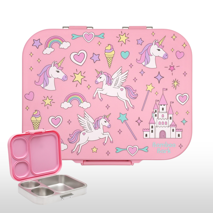 Bamboo Bark stainless steel lunchbox with PP lid unicorn girls print
