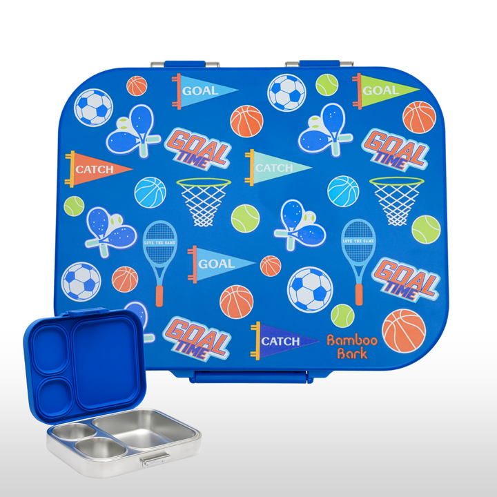 Bamboo Bark stainless steel lunchbox with PP lid Sports boys print