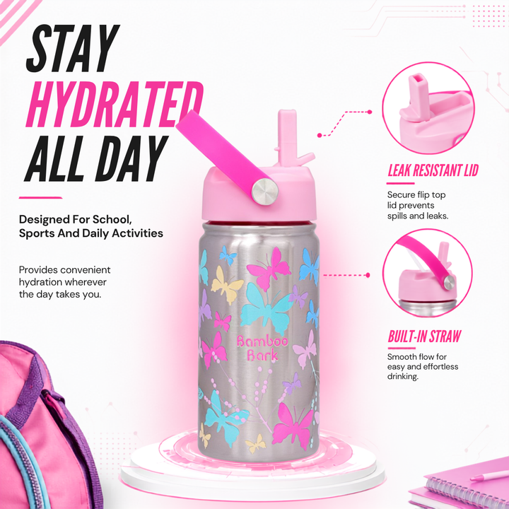 Bamboo Bark girls stainless steel Water Bottle butterfly 350 ml