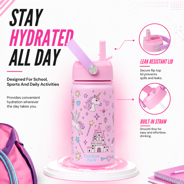 Bamboo Bark girls stainless steel Water Bottle unicorn 350 ml