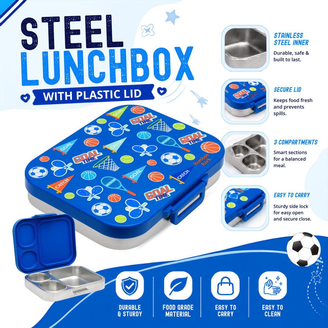 Bamboo Bark stainless steel lunchbox with PP lid Sports boys print