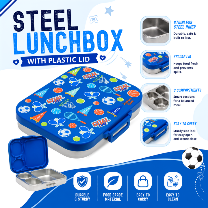 Bamboo Bark stainless steel lunchbox with PP lid Sports boys print