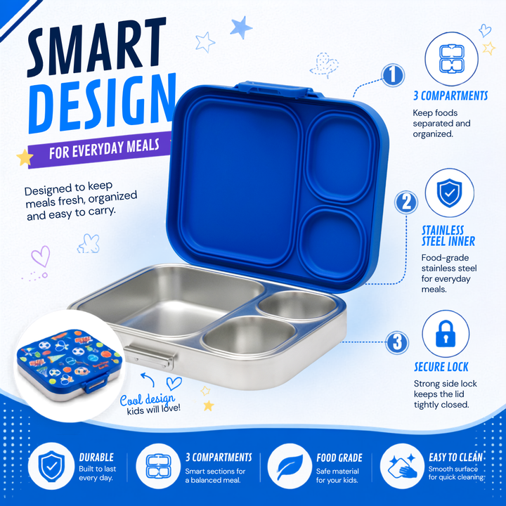 Bamboo Bark stainless steel lunchbox with PP lid Sports boys print
