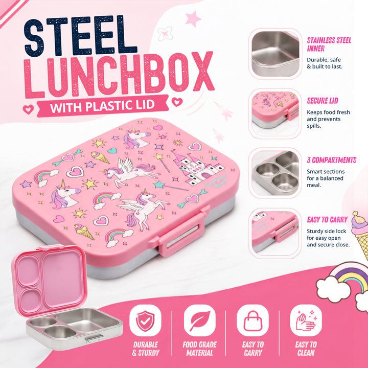 Bamboo Bark stainless steel lunchbox with PP lid unicorn girls print