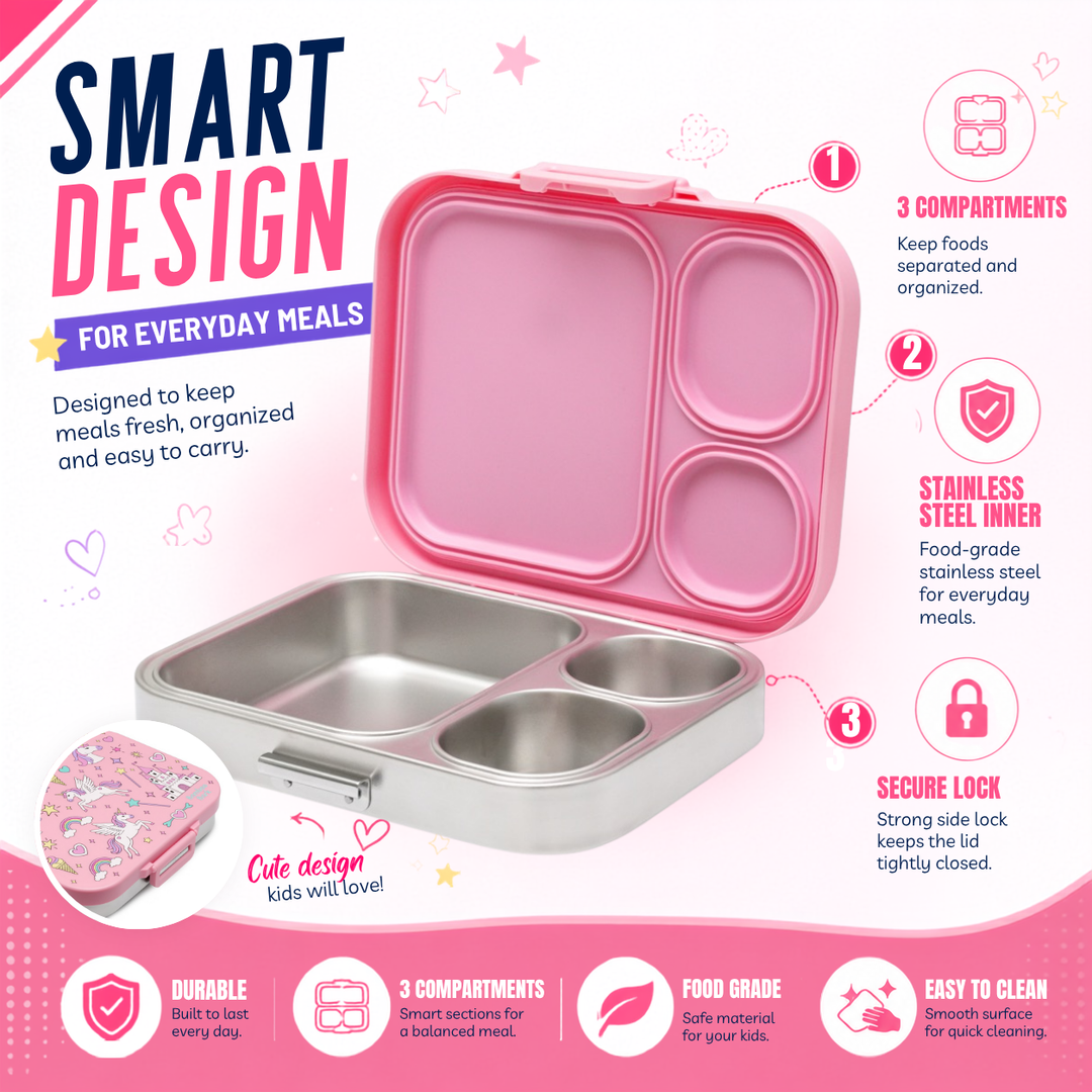 Bamboo Bark stainless steel lunchbox with PP lid unicorn girls print