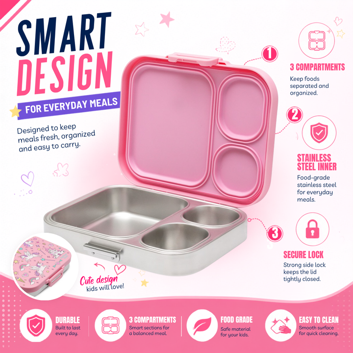 Bamboo Bark stainless steel lunchbox with PP lid unicorn girls print